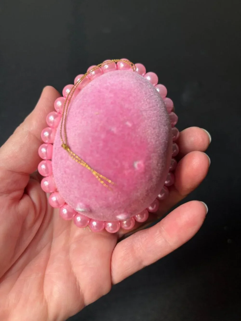 2 Vintage Flocked Pink Egg Diorama Christmas Ornaments